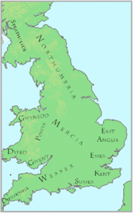 Map of England indicating the name of the different regions