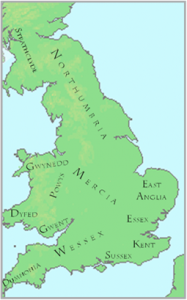 Map of England indicating the name of the different regions 