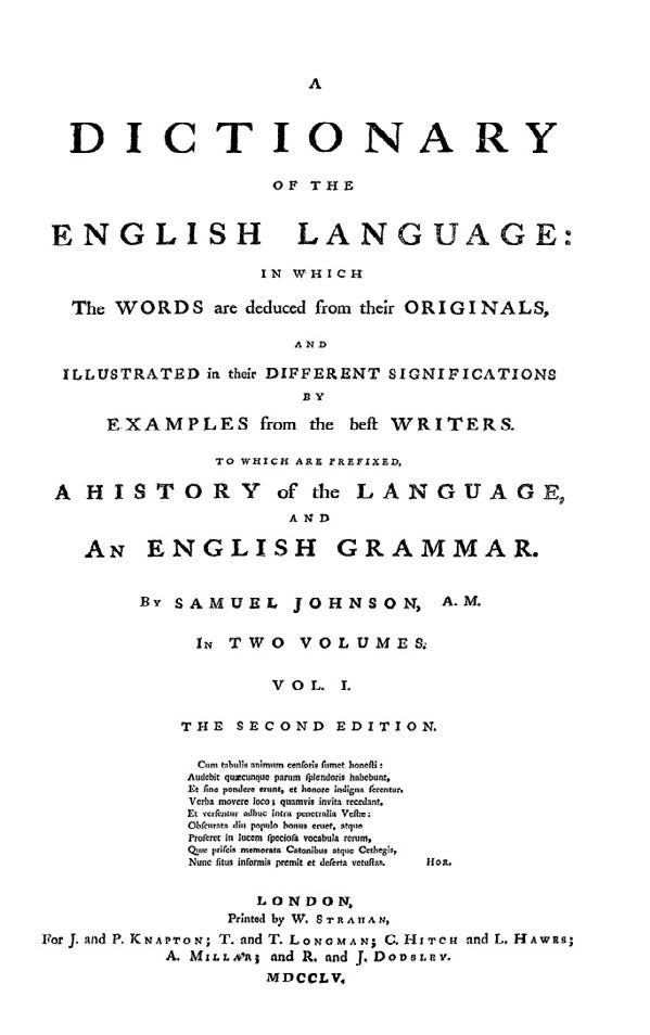 Title page of Johnson's dictionary. Full title is "a dictionary of the English language: in which the words are deduced from their originals, and illustrated in their different significations by examples from the best writers, to which are prefixed, a history of the language, and an english grammar."