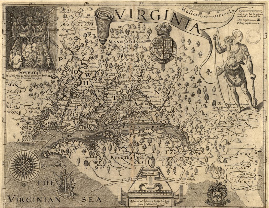 an old map of Powhatan land with a banner reading "Virginia" at the top.