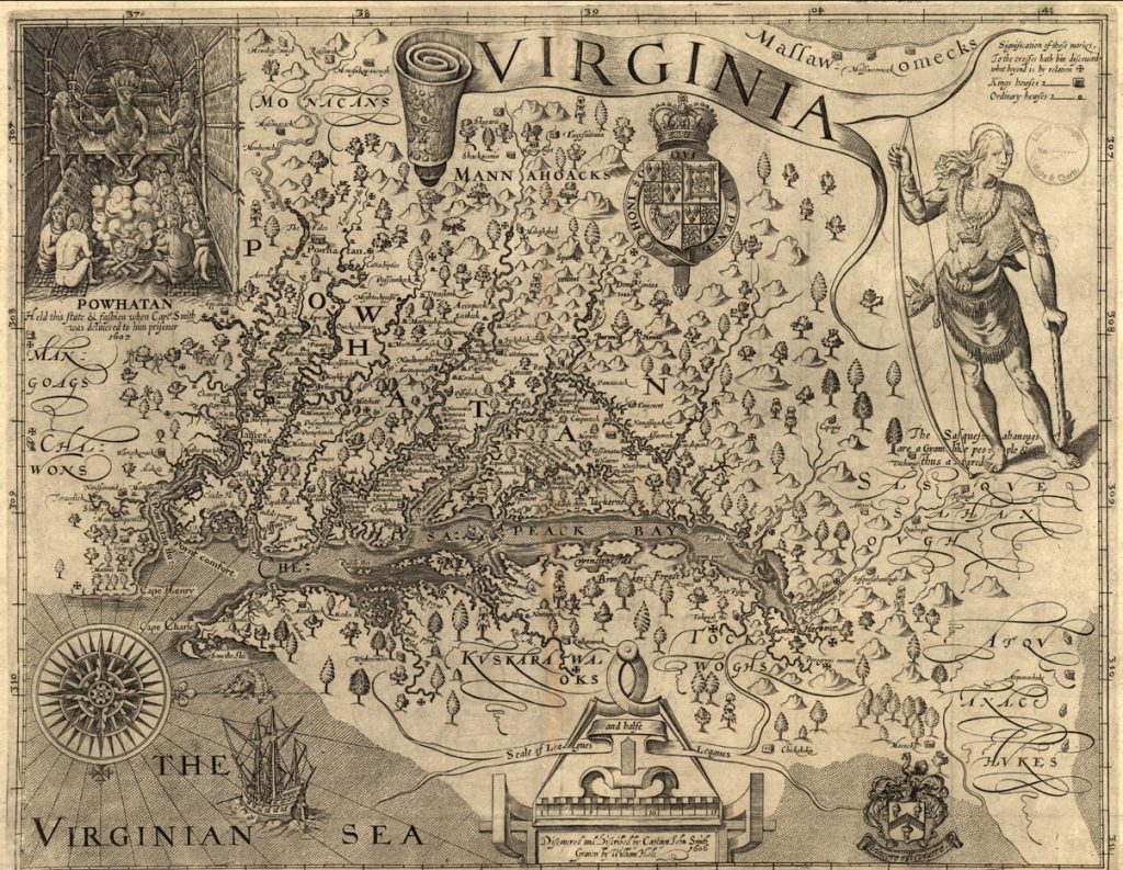 an old map of Powhatan land with a banner reading &quot;Virginia&quot; at the top.